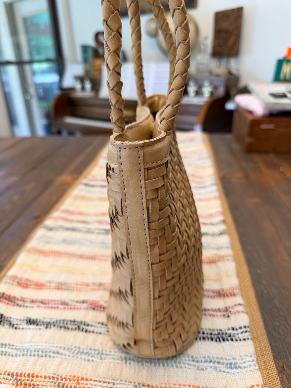 Bembien Ella Woven Leather Bucket Bag Tote + Bonus Bag Scarf - Like New - Picture 3 of 16